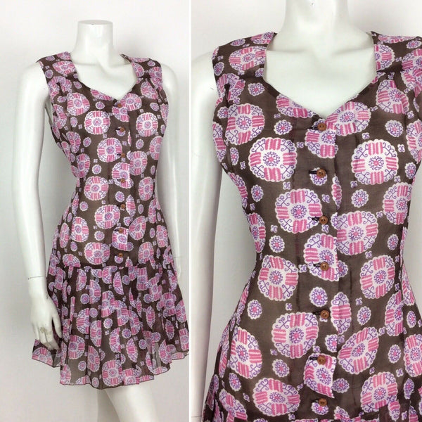VINTAGE 60S 70S BROWN WHITE PINK PAISLEY SMOCK DRESS DROPPED PLEAT WAIST 14 16
