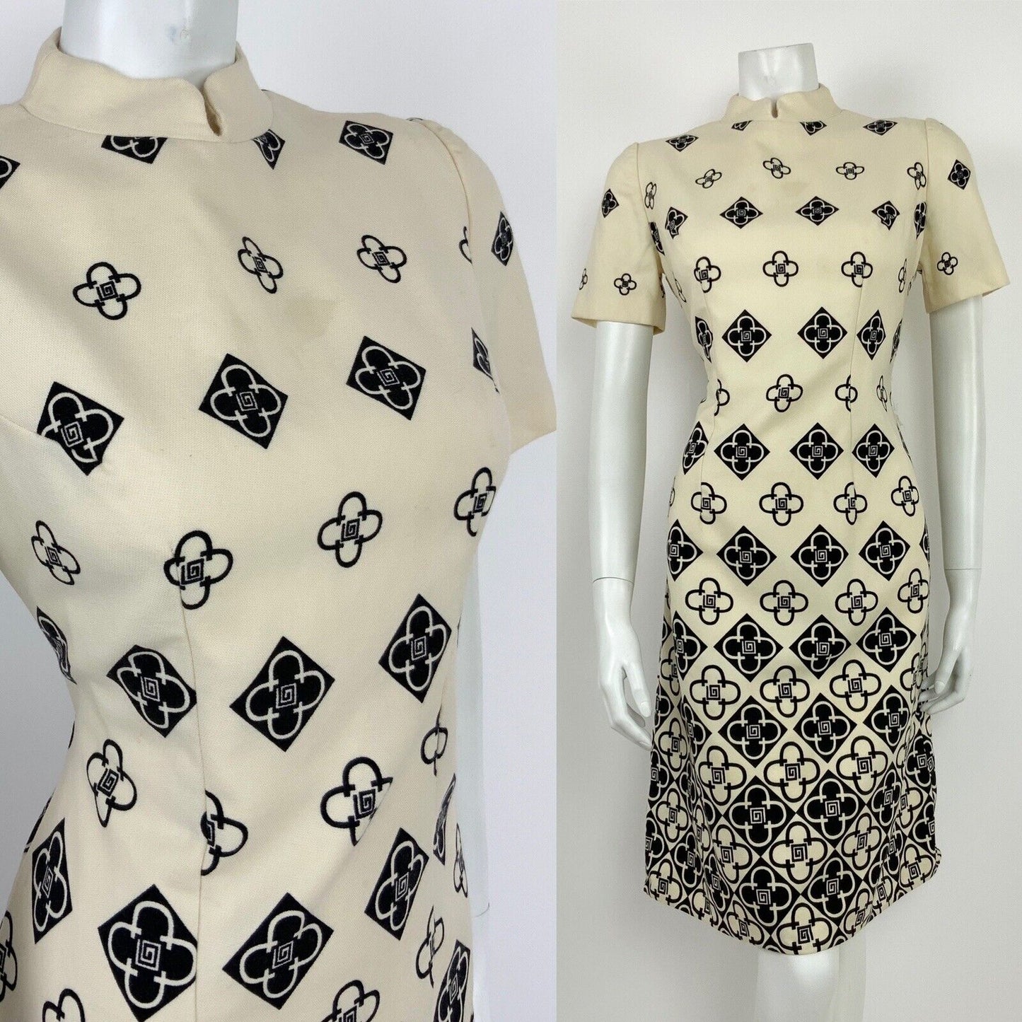 VINTAGE 60s 70s CREAM BLACK GEOMETRIC CHECKED FLORAL MANDARIN COLLAR DRESS 10 12