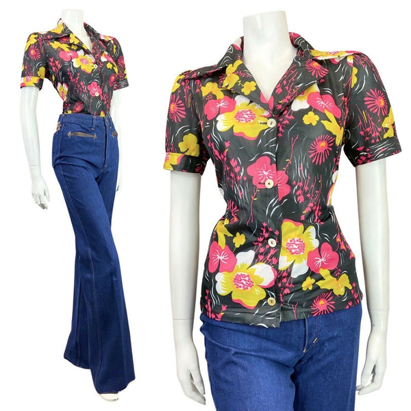 VINTAGE 60s 70s BLACK PINK YELLOW FLORAL MOD SHORT SLEEVE DAGGER SHIRT 10 12