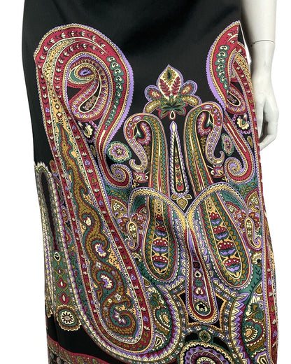 VINTAGE 60s 70s BLACK PURPLE BURGUNDY PAISLEY PRINT BOHO DISCO MAXI DRESS 14 16