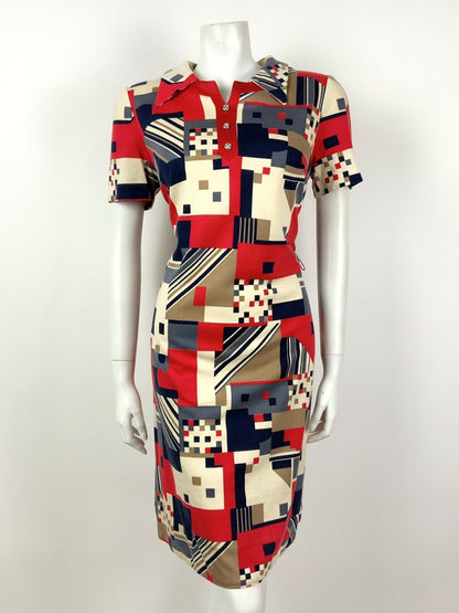 VINTAGE 60s 70s CREAM RED BLUE BROWN GEOMETRIC MOD DAGGER SHIFT DRESS 10 12