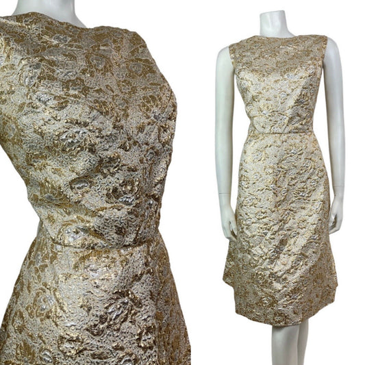 VINTAGE 60s 70s METALLIC GOLD SILVER CREAM LUREX FLORAL PARTY GLAM TEA DRESS 14