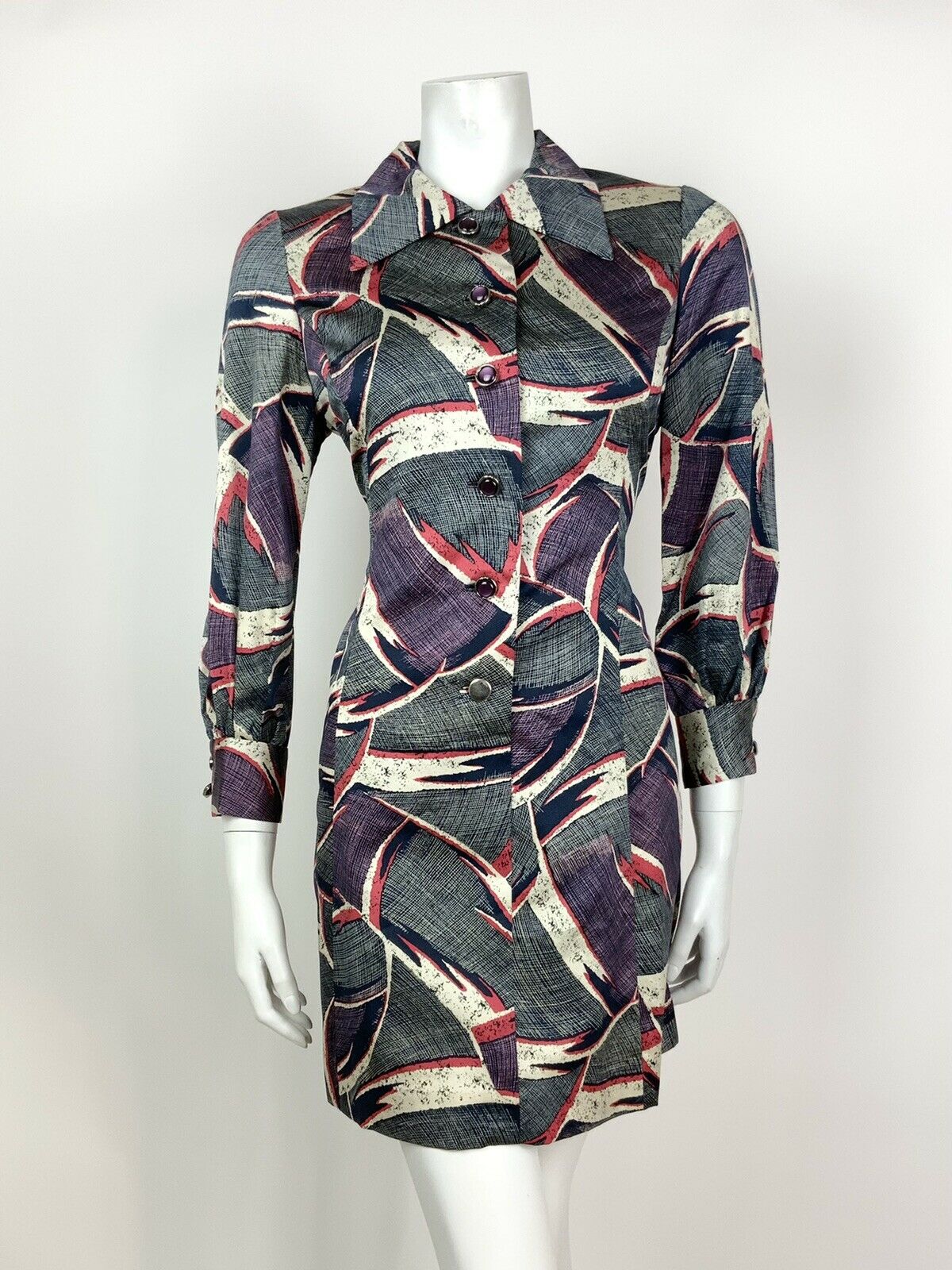 VINTAGE 60s 70s BLUE WHITE RED PINK ABSTRACT PSYCHEDELIC DAGGER SHIRT DRESS 12