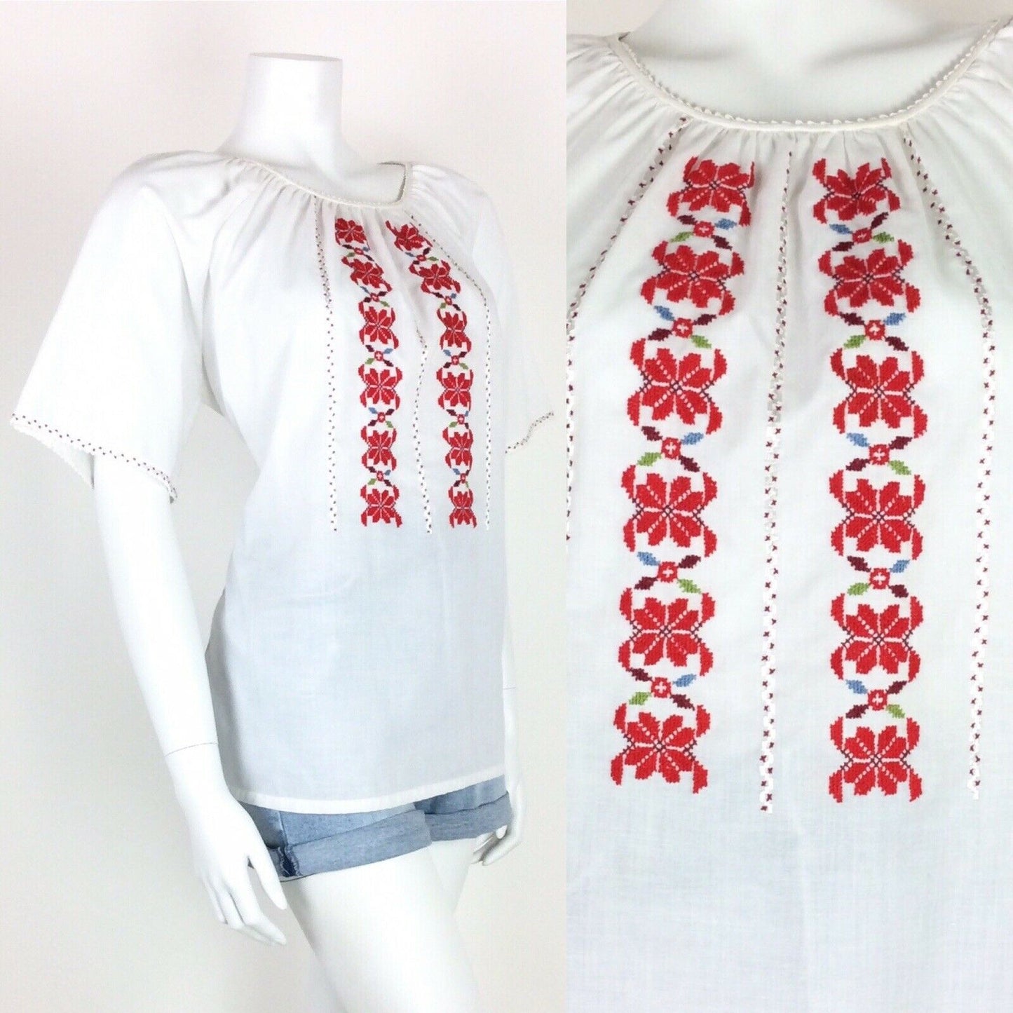 VINTAGE 60s 70s ETHNIC BLOUSE WHITE RED FLORAL CROSS STITCH HIPPY 12 14