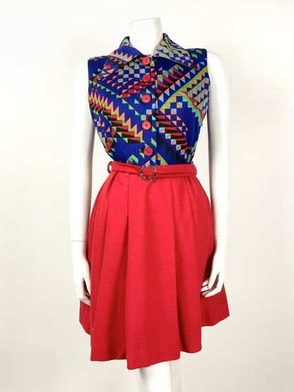 VTG 60s 70s MOD RED BLUE GREEN ORANGE GEOMETRIC BELTED PLEATED DRESS 10 12