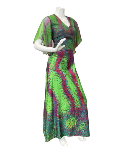 VINTAGE 60s 70s GREEN PINK BLUE PSYCHEDELIC DOTTY ANGEL SLEEVE MAXI DRESS 8 10