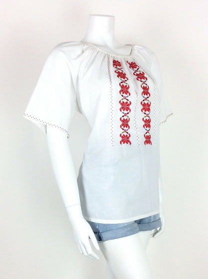 VINTAGE 60s 70s ETHNIC BLOUSE WHITE RED FLORAL CROSS STITCH HIPPY 12 14