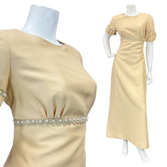 VINTAGE 60s 70s CREAM PEARL EMPIRE LINE MOD PARTY PUFF SLEEVE MAXI DRESS 10