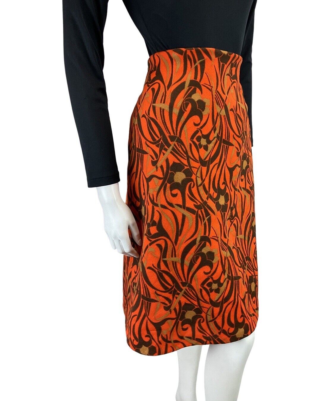 VINTAGE 60s 70s ORANGE BROWN GOLD PSYCHEDELIC SWIRL FLORAL MOD MIDI SKIRT 12