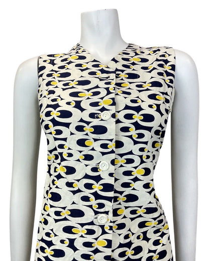 VINTAGE 60s 70s WHITE BLUE YELLOW PSYCHEDELIC MOD SLEEVELESS SHIFT DRESS 10