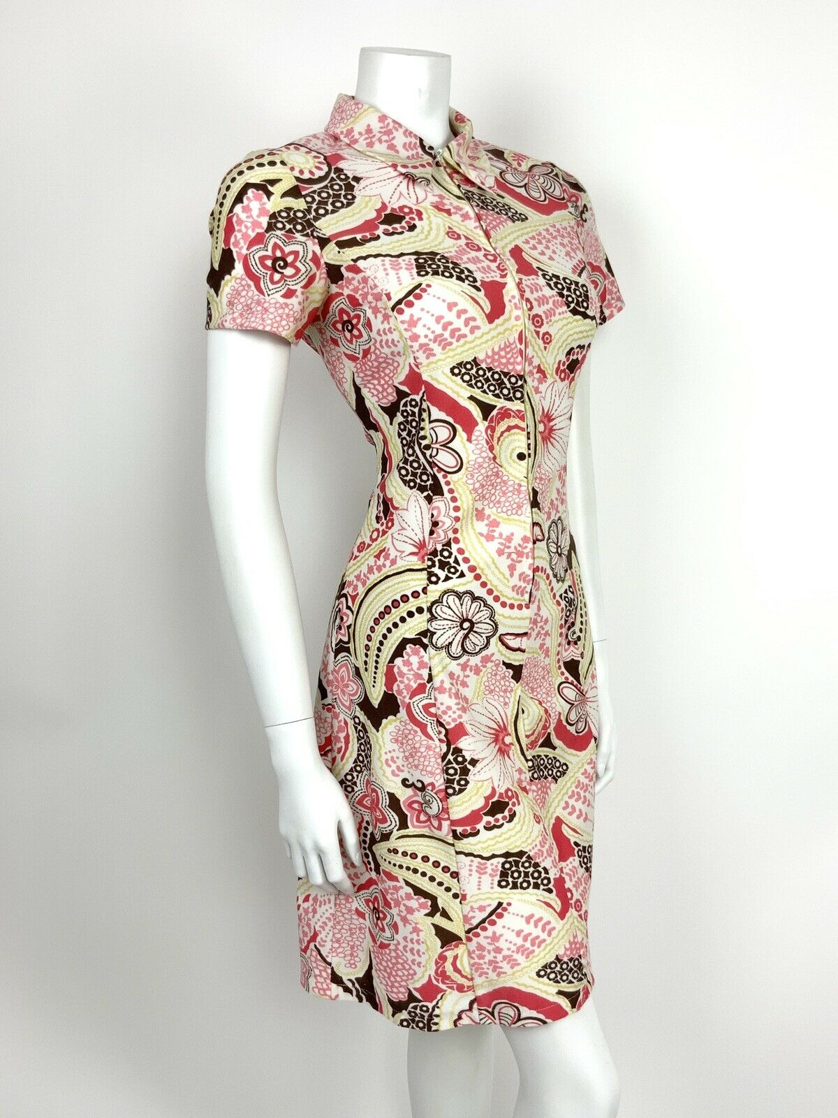 VTG 60s 70s WHITE PINK BROWN YELLOW FLORAL PSYCHEDELIC HIPPY STRETCH DRESS 10 12