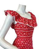 VINTAGE 60s 70s RED WHITE FLORAL CROCHETED PRAIRIE BOHO BARDOT MAXI DRESS 8 10