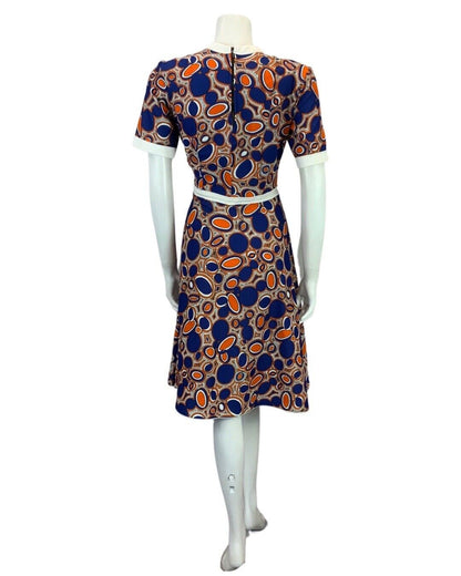 VINTAGE 60s 70s BLUE ORANGE WHITE BOLD PATTERNED MOD DRESS 10