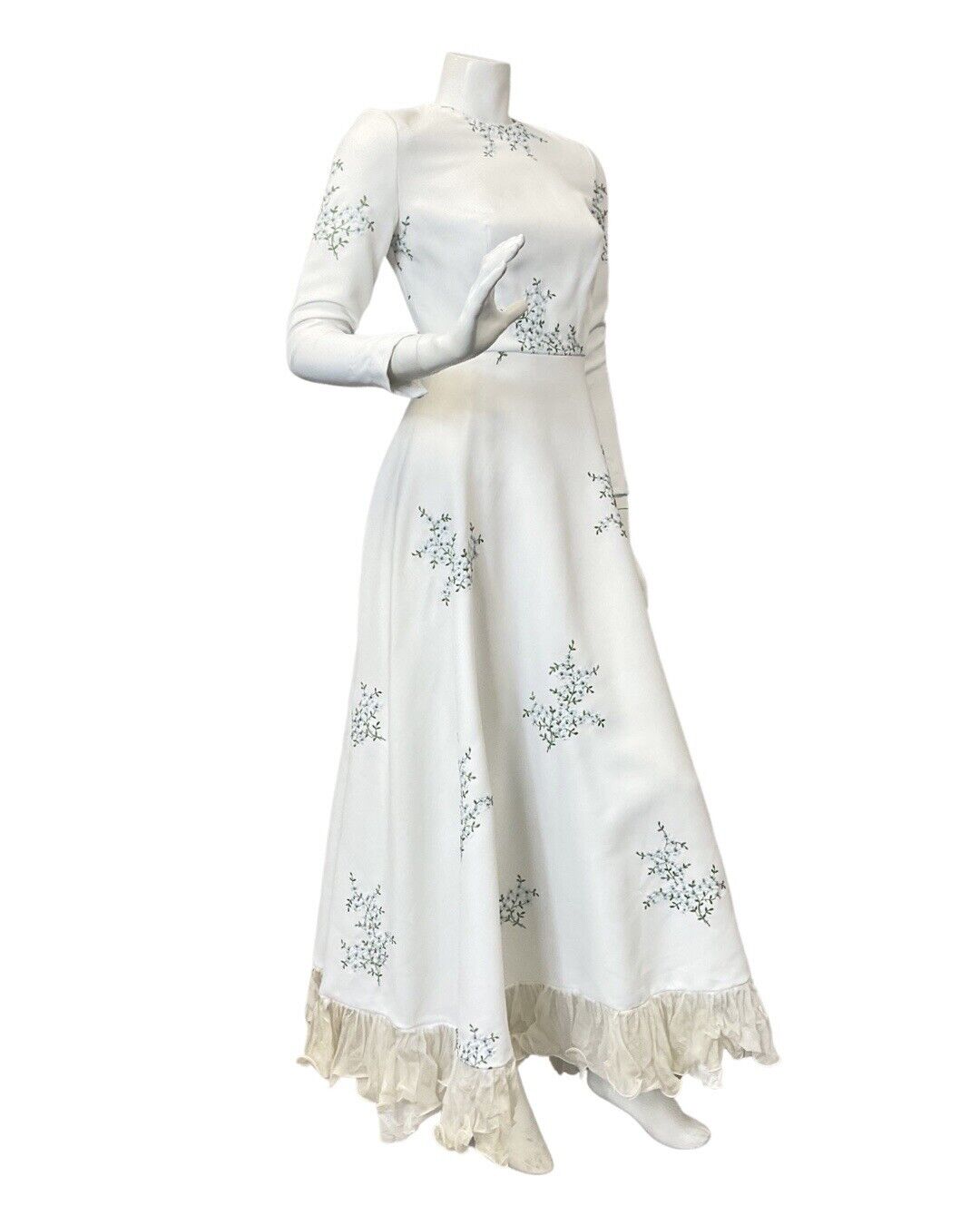 VINTAGE 60s 70s WHITE BLUE GREEN FLORAL EMBROIDERED PRAIRIE WEDDING MAXI DRESS 6