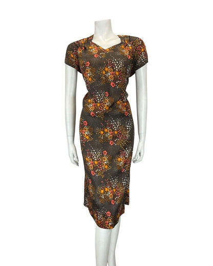 VINTAGE 60s 70s BROWN ORANGE DITSY DAISY FLOWER MOD CAP SLEEVE DRESS 12 14