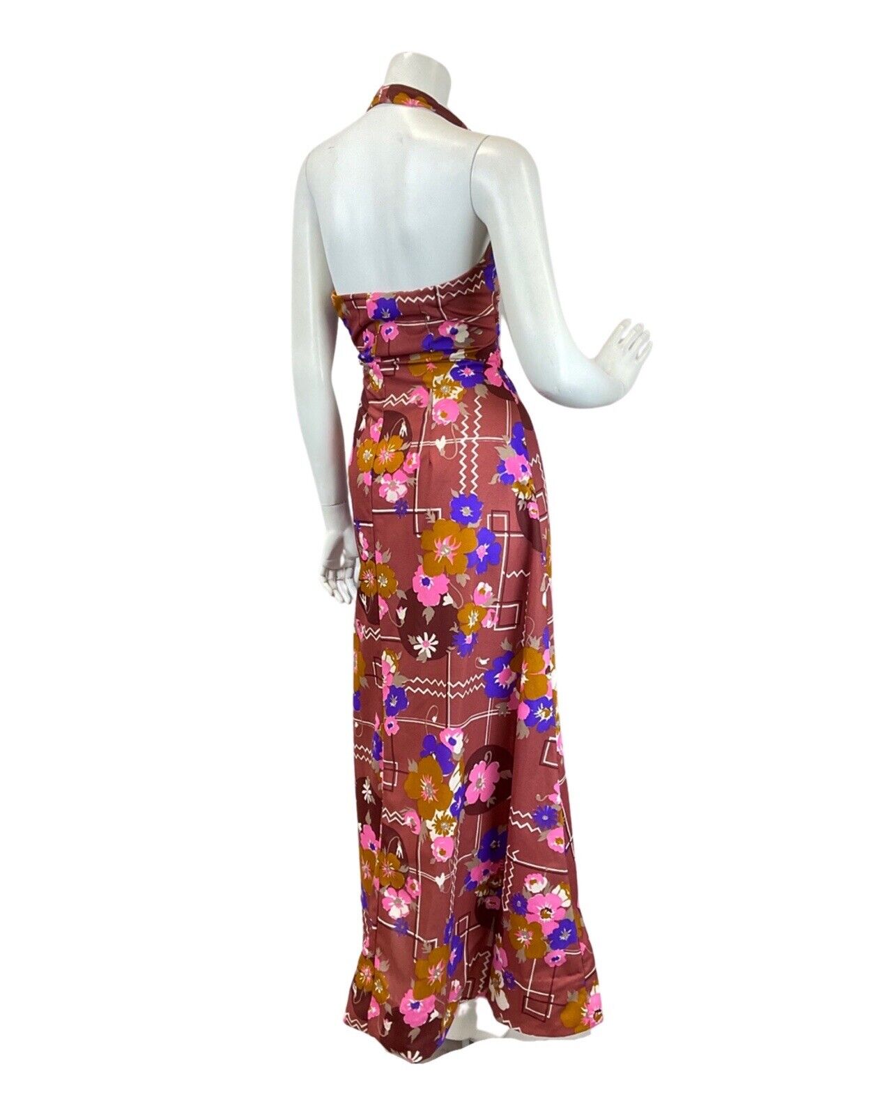 VINTAGE 60s 70s BROWN PINK PURPLE FLORAL GEOMETRIC MOD HALTER MAXI DRESS 10 12