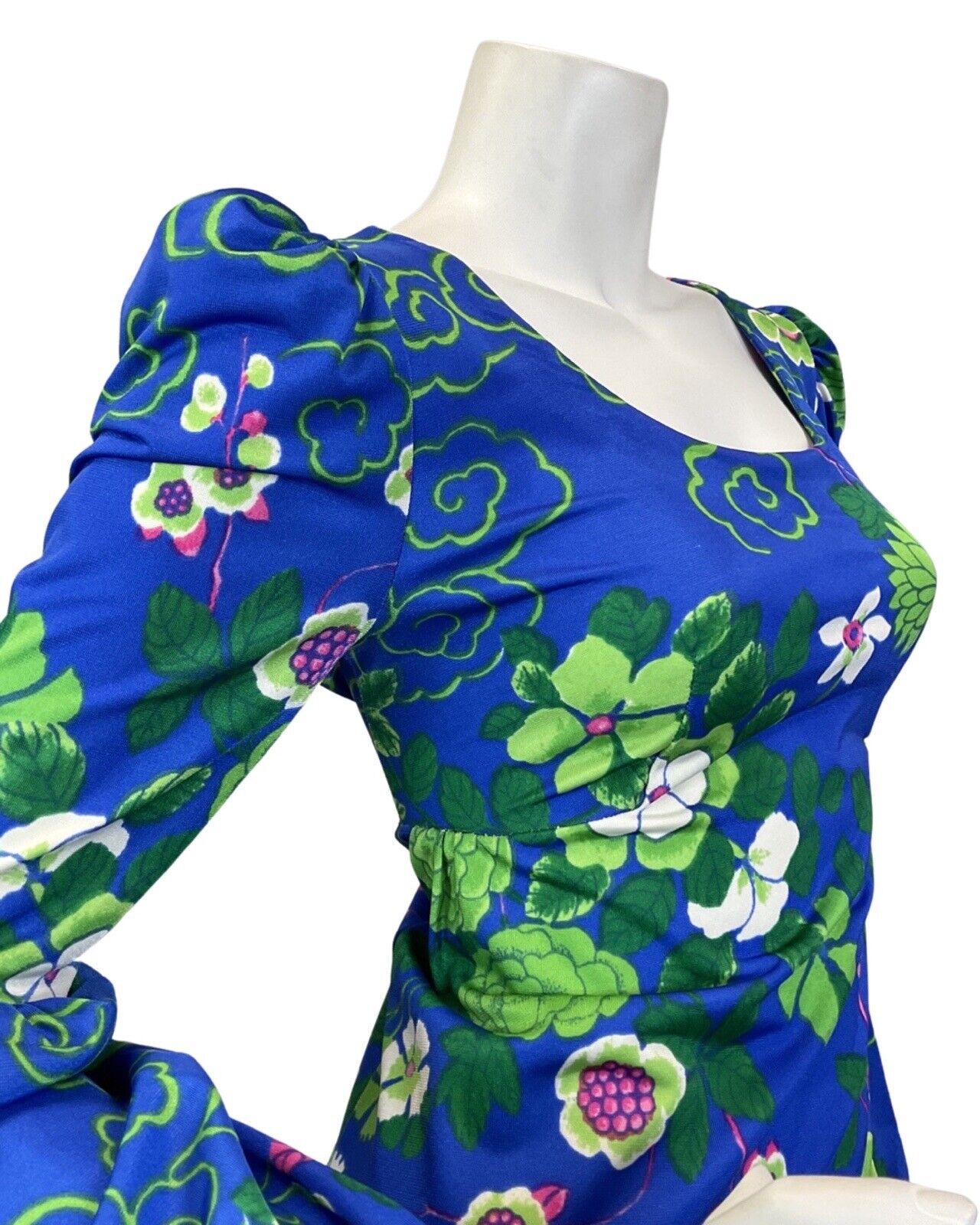 VINTAGE 60s 70s BLUE GREEN PINK PSYCHEDELIC FLORAL JULIET SLEEVE MAXI DRESS 8 10