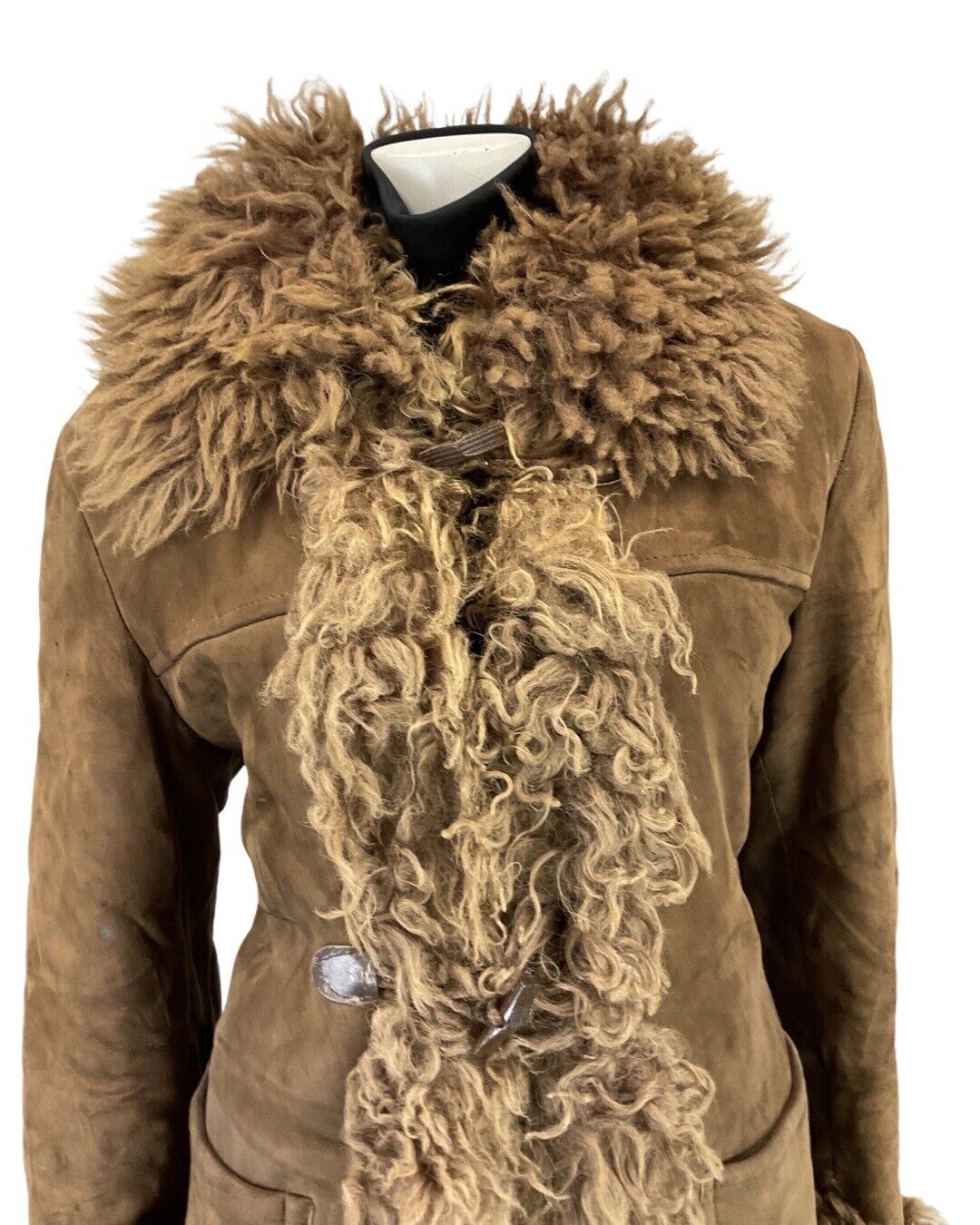 VINTAGE 60s 70s LIGHT BROWN BOHO TOGGLE PENNY LANE SUEDE SHEARLING COAT 12 14