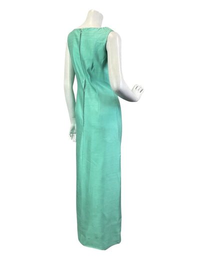 VTG 60s 70s MINT GREEN BEADED EMPIRE LINE REGENCY SLEEVELESS MAXI DRESS 8 10