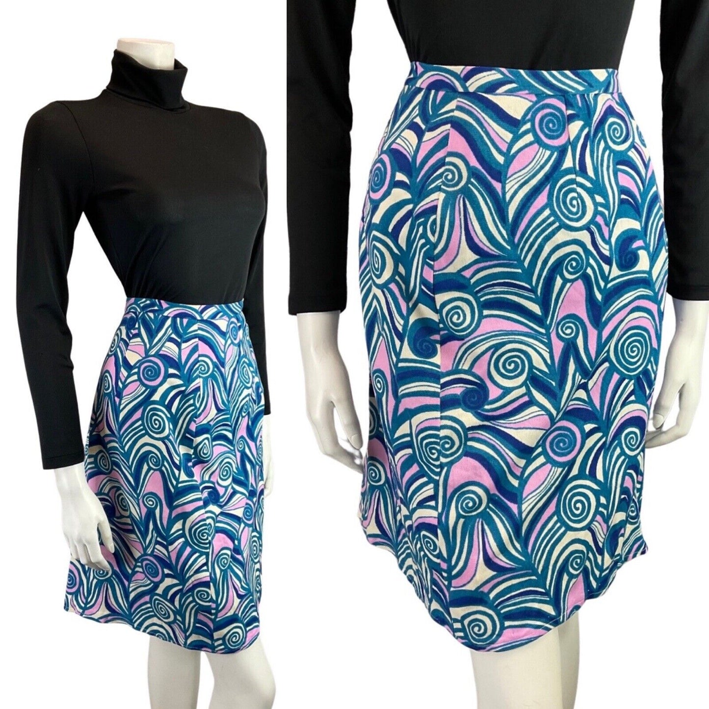 VINTAGE 60s 70s BLUE WHITE PURPLE PSYCHEDELIC SWIRL MOD SHORT SKIRT 10