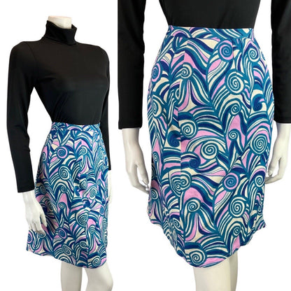 VINTAGE 60s 70s BLUE WHITE PURPLE PSYCHEDELIC SWIRL MOD SHORT SKIRT 10