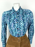 VTG 60s 70s BLUE PURPLE WHITE PINK FLORAL DITSY DAGGER COLLAR SHIRT BLOUSE 12 14