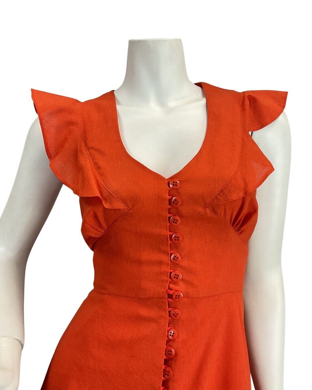 VINTAGE 60s 70s BRIGHT ORANGE BOHO MOD RUFFLED SLEEVELESS MAXI DRESS 8 10