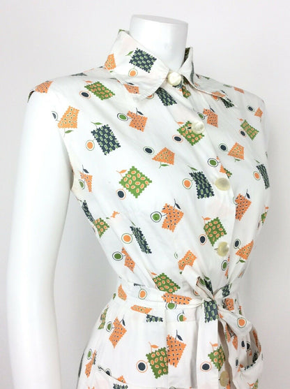 VINTAGE 60s 70s WHITE GEOMETRIC FLORAL ORANGE BLUE GREEN SHIRT DRESS 14