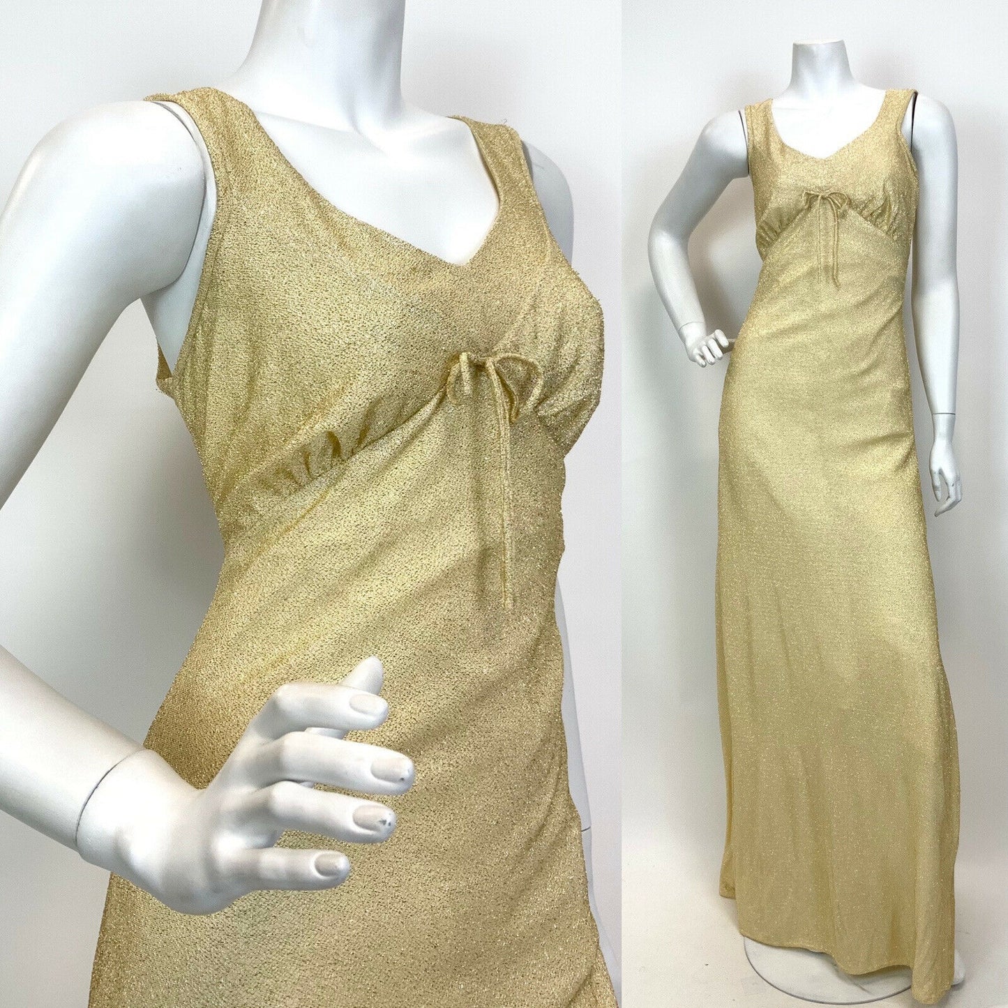 VINTAGE 60s 70s GOLD LUREX GLITTERY STUDIO 54 PARTY SLEEVELESS MAXI DRESS 10