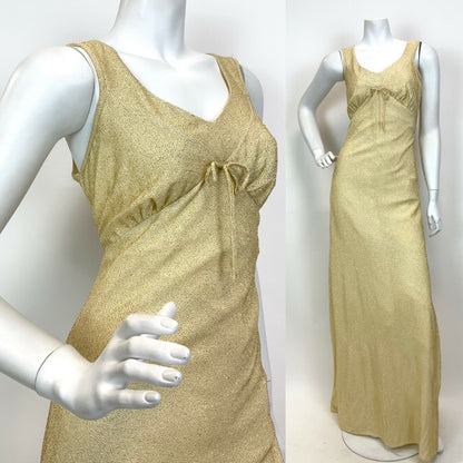 VINTAGE 60s 70s GOLD LUREX GLITTERY STUDIO 54 PARTY SLEEVELESS MAXI DRESS 10