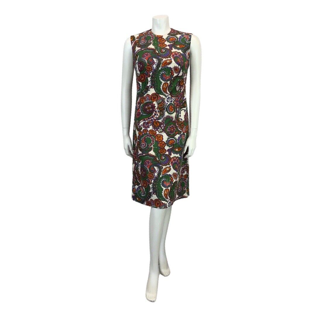 VINTAGE 60s 70s DARK GREEN WHITE RED PURPLE PAISLEY PRINT MIDI DRESS DRESS 12