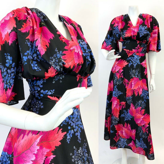 VTG 60s 70s BLACK BLUE PINK ORANGE DITSY FLOWER LEAFY BELL SLEEVE MAXI DRESS 16