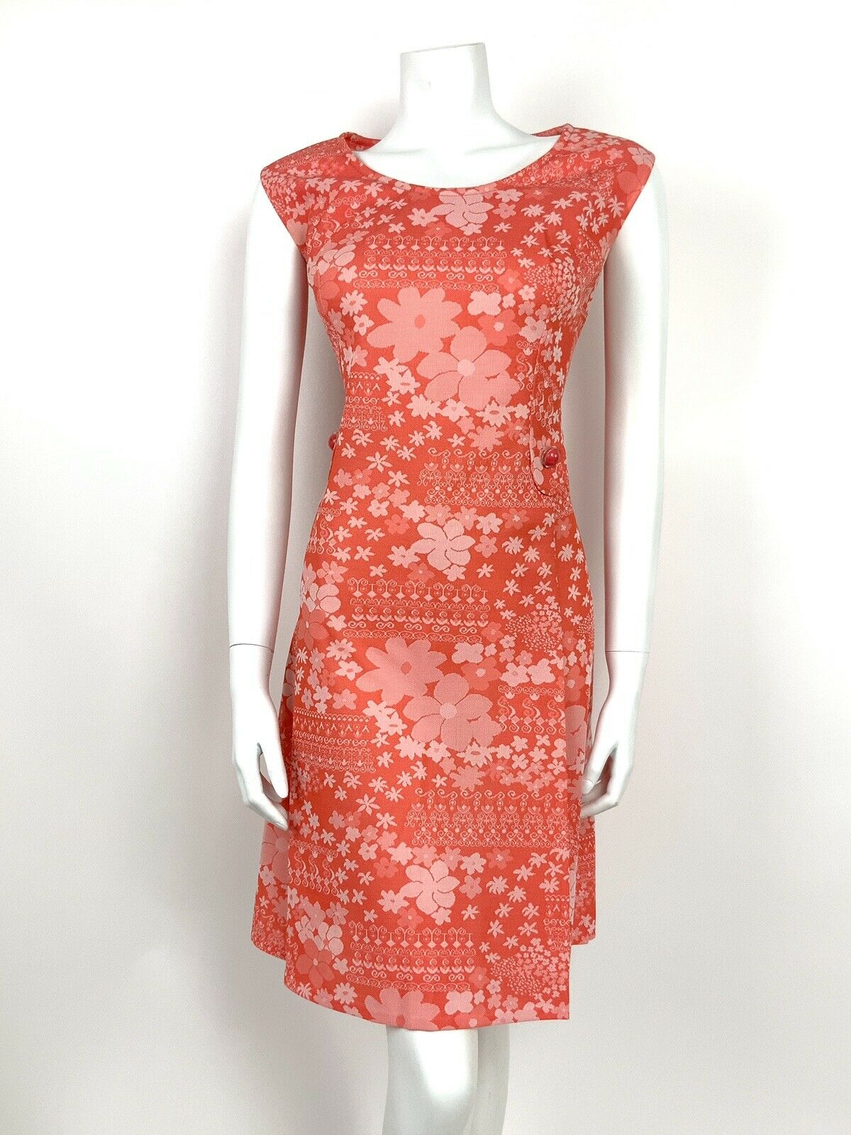 VTG 60s 70s ABSTRACT FLORAL CORAL ORANGE PINK WHITE A-LINE DRESS 16 18