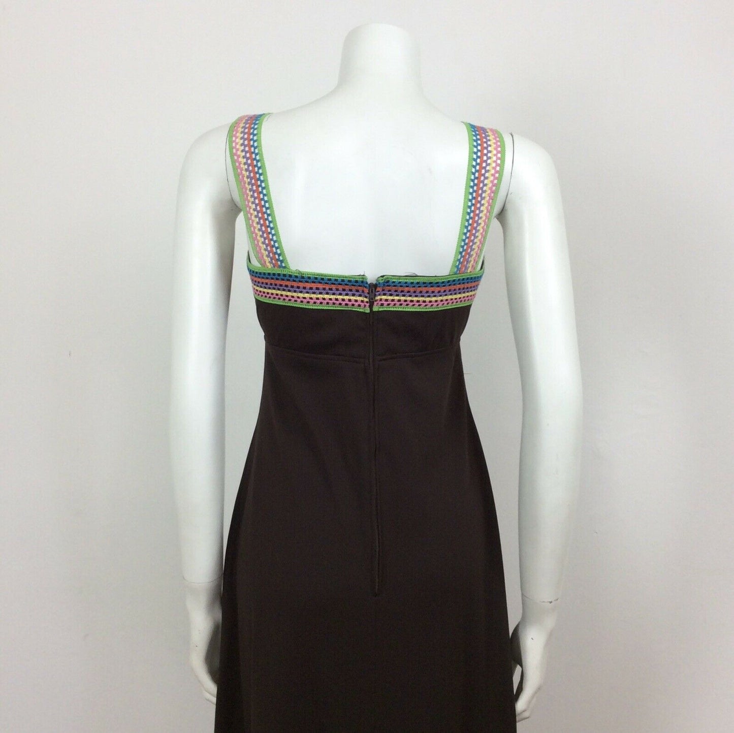 60S 70S VINTAGE BOHO BROWN RAINBOW CROCHET MAXI DRESS 6 8