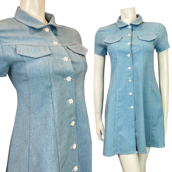 VINTAGE 60s 70s DENIM BLUE WHITE DAISY MOD A-LINE SHIFT SHIRT DRESS 6 8