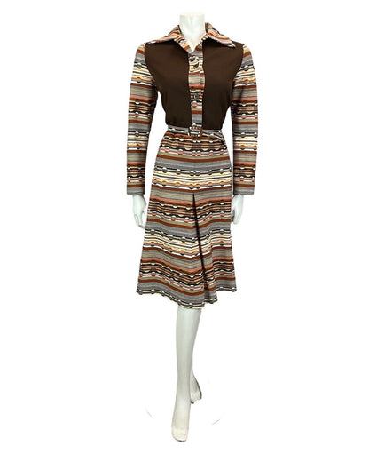 VINTAGE 60S 70S BROWN BEIGE TAN STRIPED ABSTRACT  PRINT MIDI DRESS 14 16