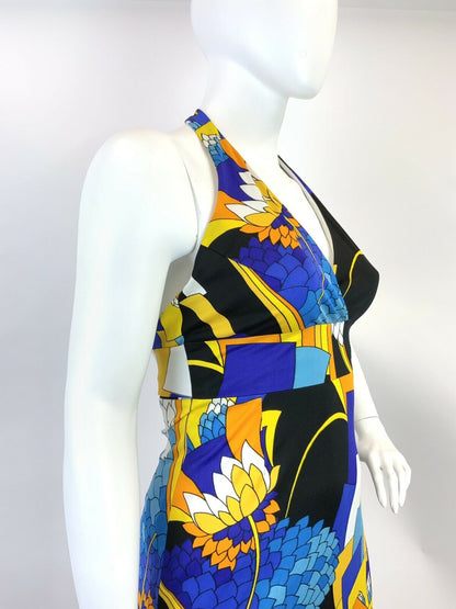 VINTAGE 60s 70s BLUE YELLOW BLACK GEOMETRIC FLORAL HALTER MAXI DRESS 14 16