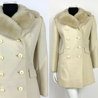 VTG 60S 70S CREAM DOUBLE BREASTED MOD PEA COAT 10 12