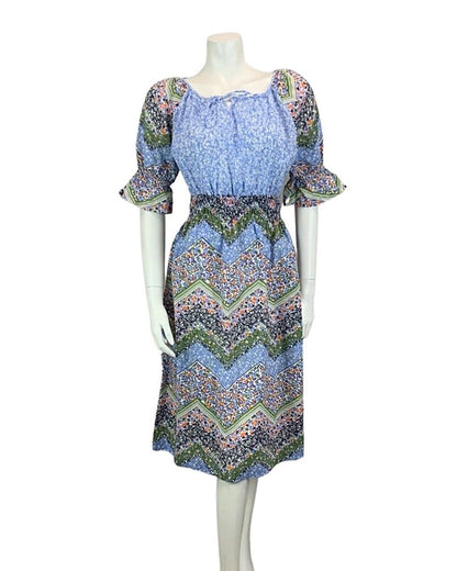 VINTAGE 60s 70s BLUE ORANGE GREEN PURPLE FLORAL PRINT PRAIRIE FOLK DRESS 8