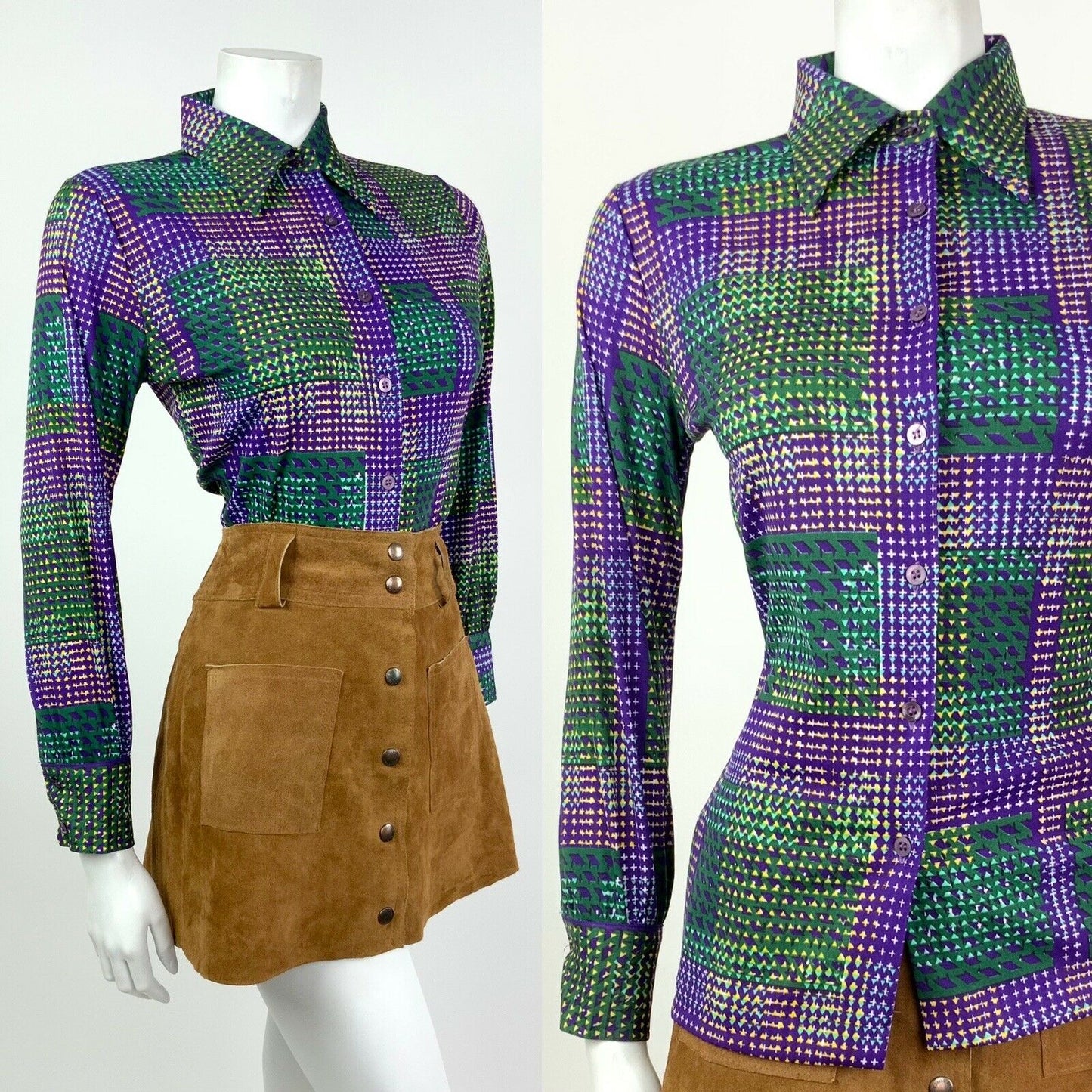 VINTAGE 60s 70s PURPLE GREEN YELLOW WHITE CHECKERED PLAID DAGGER SHIRT 8 10