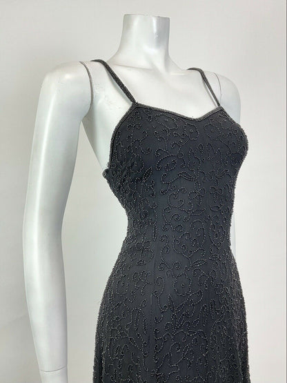 VINTAGE 70s 80s BLACK FLORAL VINE BEADED SPAGHETTI STRAP PARTY MINI DRESS 8