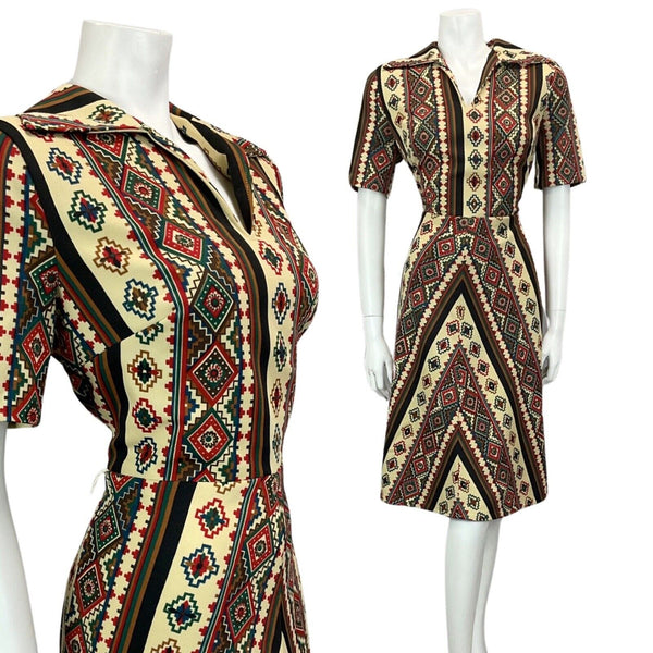 VINTAGE 60s 70s TAN BROWN RED AZTEC FOLK A LINE MIDI DRESS 14