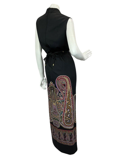 VINTAGE 60s 70s BLACK PURPLE BURGUNDY PAISLEY PRINT BOHO DISCO MAXI DRESS 14 16