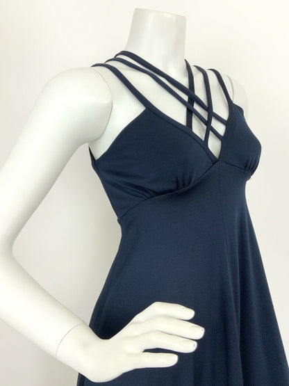 VINTAGE 70s NAVY BLUE STRAPPY CROSS HATCH ELEGANT STUDIO MAXI DRESS 6