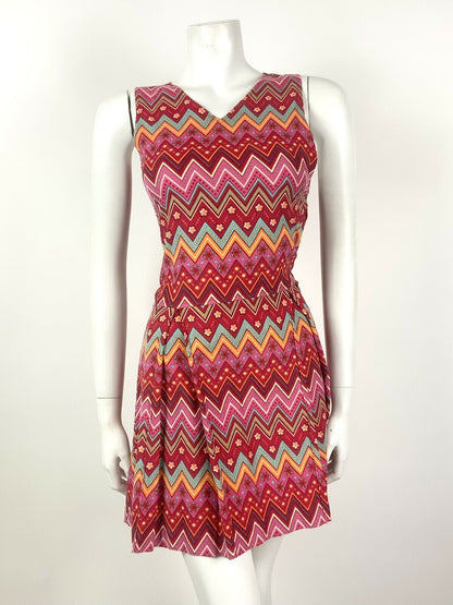 VINTAGE 60s 70s PINK RED BLUE ORANGE ZIG-ZAG FLORAL DAISY PSYCHEDELIC DRESS 4