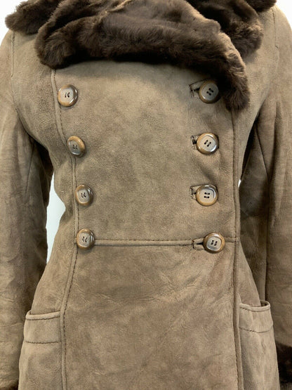 VINTAGE 60s 70s PEANUT BROWN SUEDE SHEARLING DOUBLE-BREASTED PRINCESS COAT 10 12