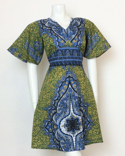 VINTAGE 70S GREEN BLUE YELLOW BATIK ETHNIC KAFTAN DRESS 10