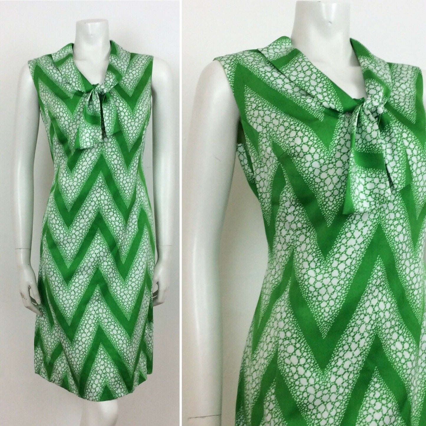 70S VINTAGE APPLE GREEN WHITE CHEVRON PUSSYBOW NECK DRESS 12 14