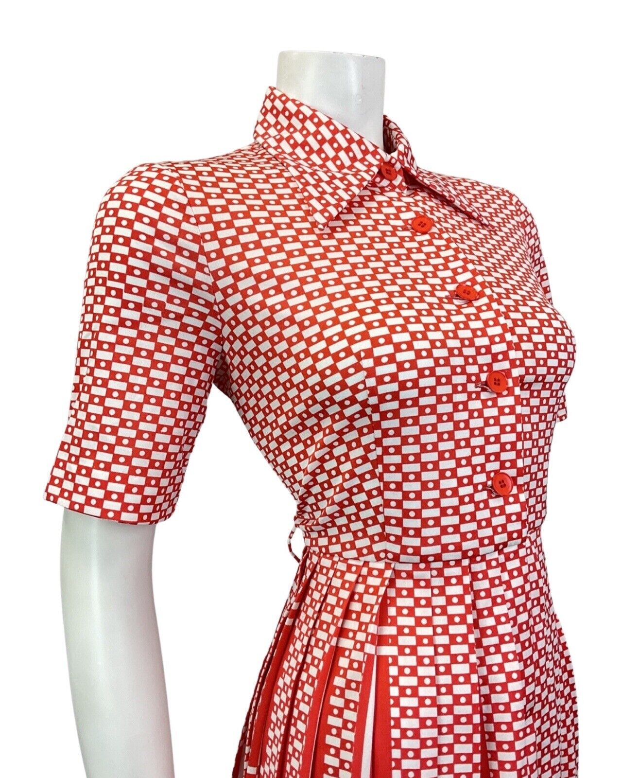 VINTAGE 60s 70s RED WHITE GEOMETRIC CHECKED MOD DAGGER COLLAR SHIRT DRESS 12 14