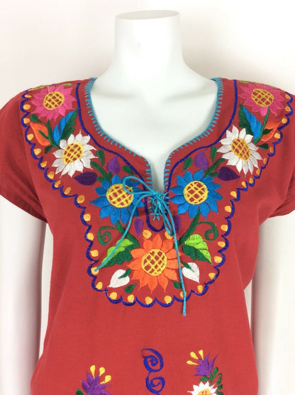 VTG 70s MEXICAN PEASANT TOP BLOUSE RED BLUE GREEN PINK FLORAL EMBROIDERY 10 12